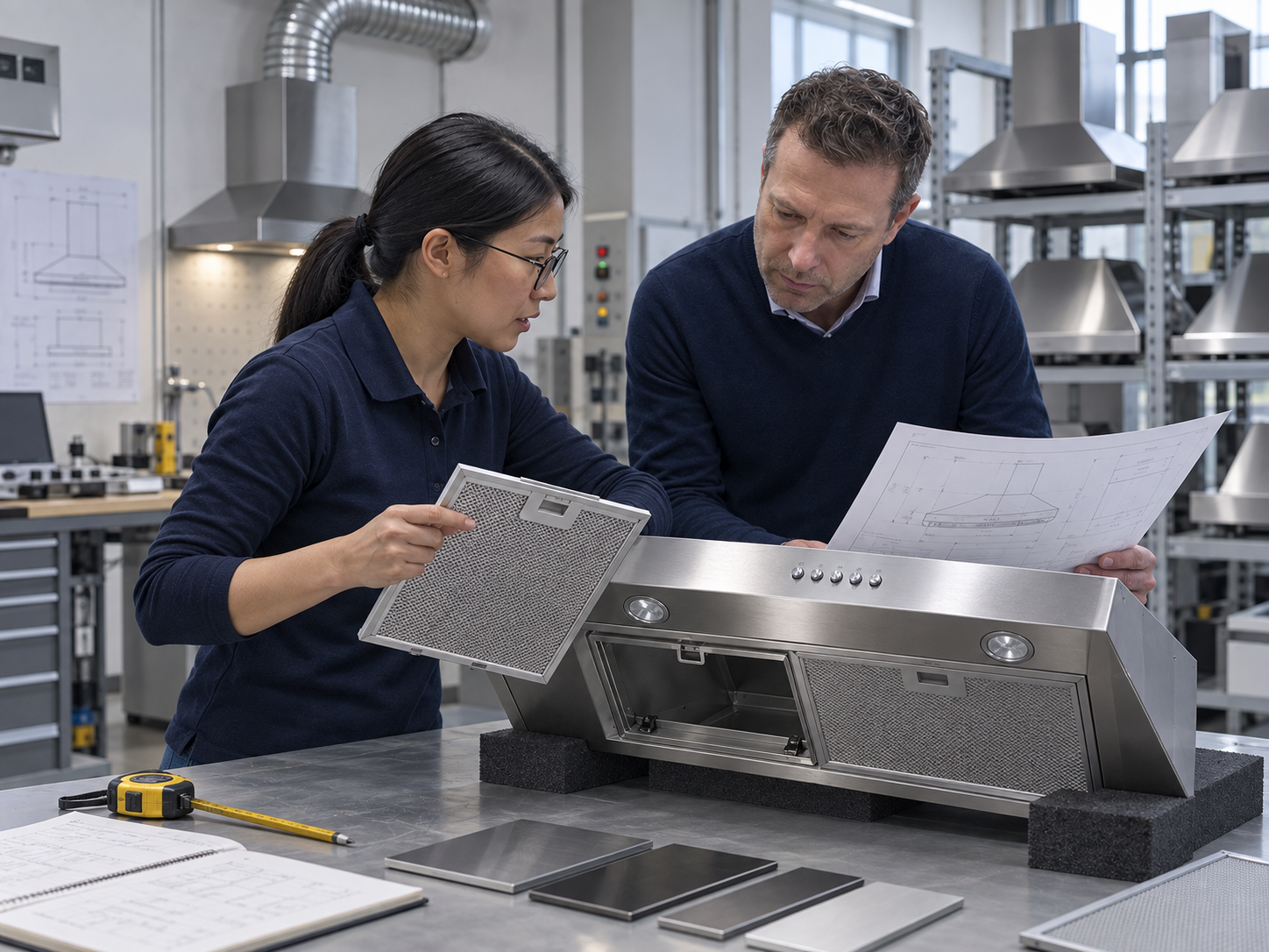 Product engineer and buyer reviewing a range hood sample, grease filter, controls, and installation drawings