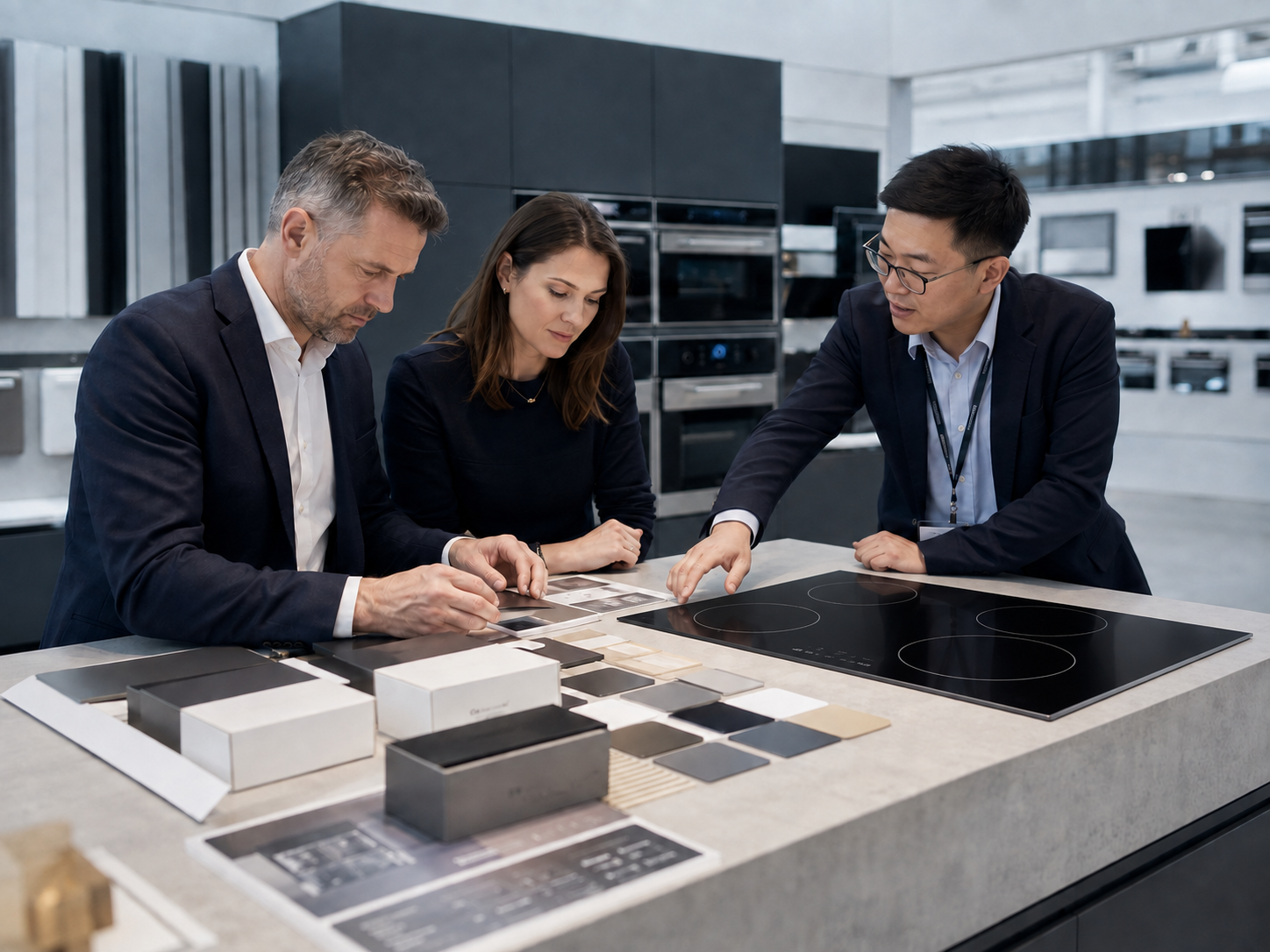Brand buyers and a manufacturing project manager reviewing finishes, packaging, and a built-in induction hob